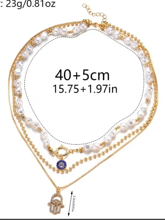 🤩3 pc Gold and Pearl Layered Hamsa Necklace with Blue Pave Charm - Picture 4 of 5